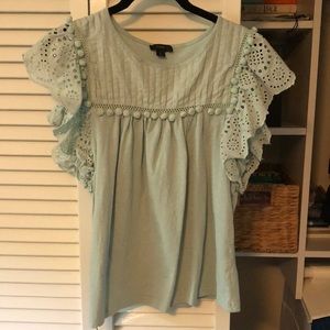 J Crew minty/sea foam green shirt with ruffles and trim